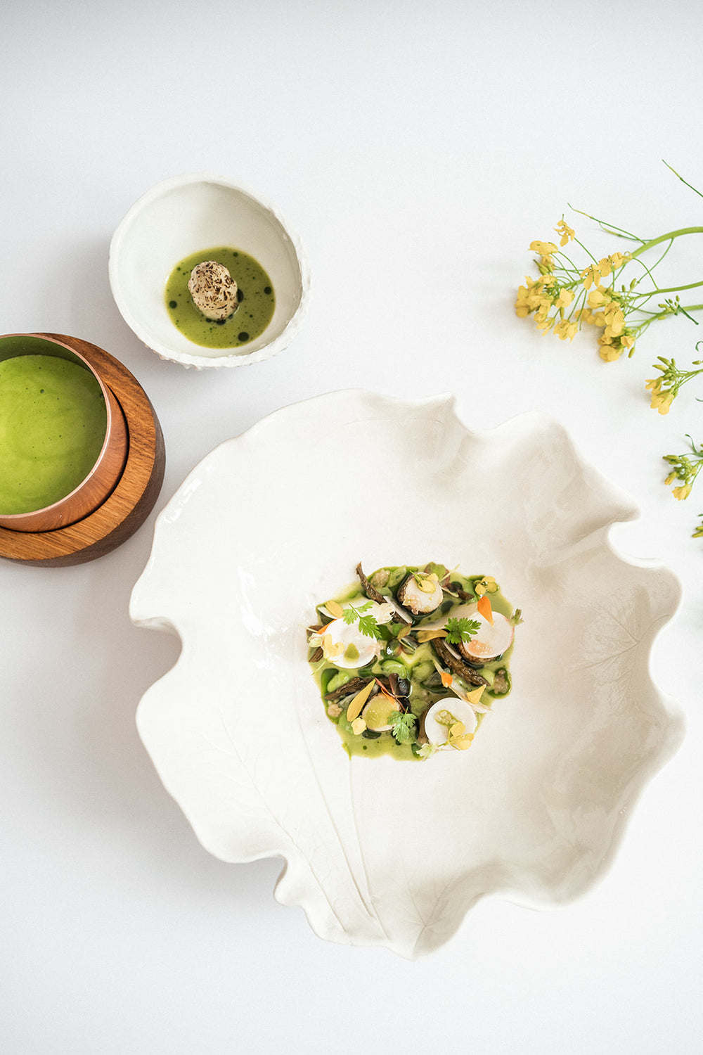 Présentation gastronomique composée d'un plat délicatement dressé avec des légumes verts, des escargots et des herbes fraîches dans une assiette en forme de feuille, accompagnée d'une sauce verte onctueuse et d'une touche florale jaune pour le contraste.