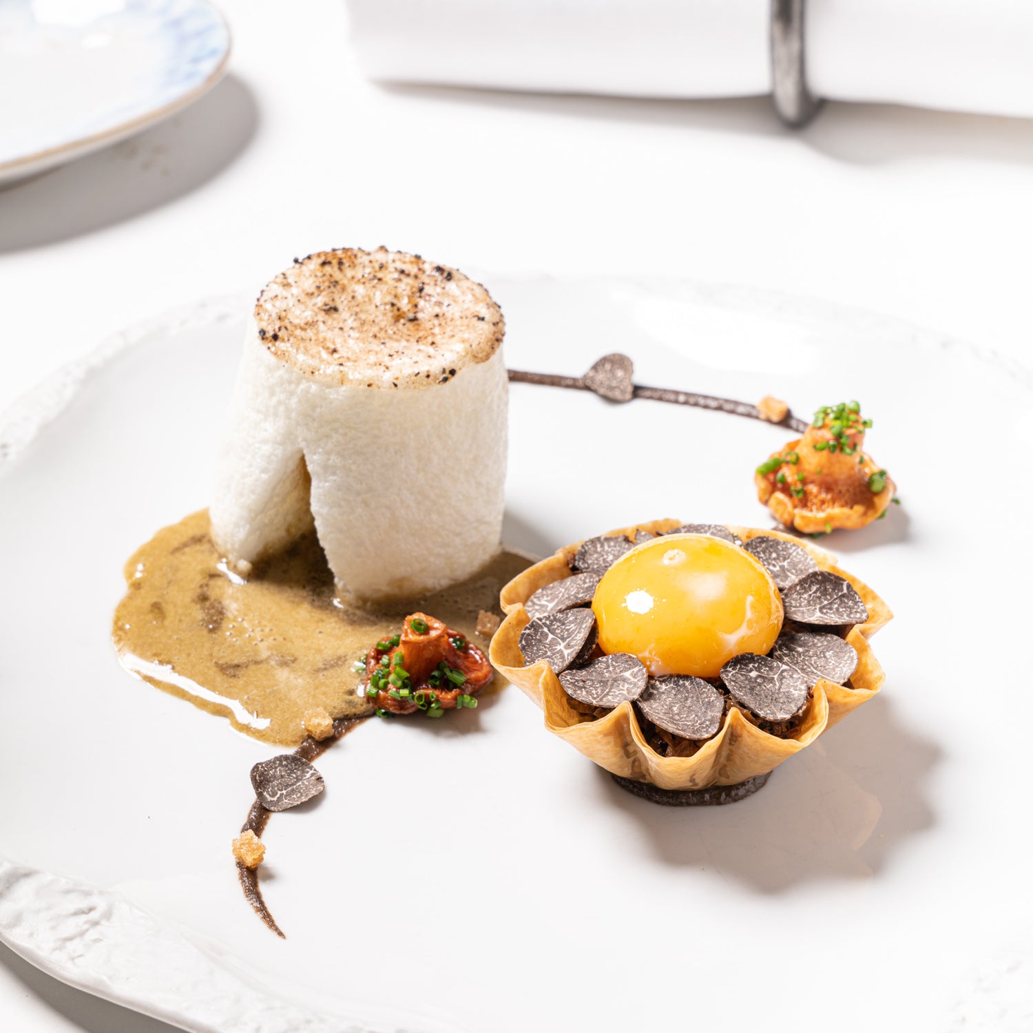 Plat gastronomique avec truffe et jaune d'œuf.