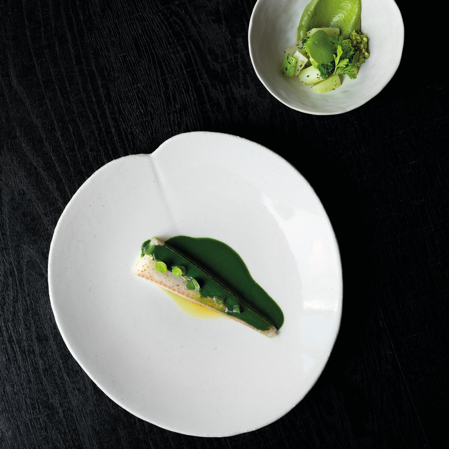 Assiette gastronomique minimaliste avec un plat à base de poisson nappé d'une sauce verte, accompagné d'un bol contenant une purée et des légumes verts, disposés de manière élégante sur une table sombre.