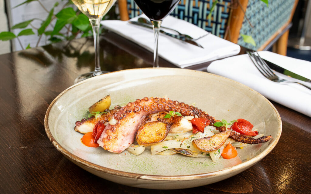 Assiette de poulpe grillé avec légumes et vin.