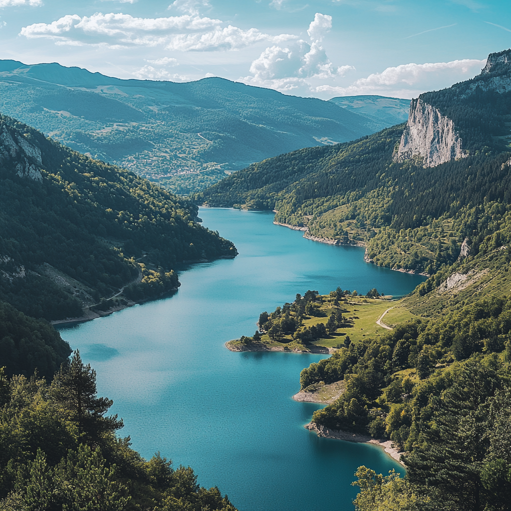 Paysage montagneux avec un lac sinueux entouré de collines verdoyantes et de montagnes au loin, sous un ciel bleu avec quelques nuages.