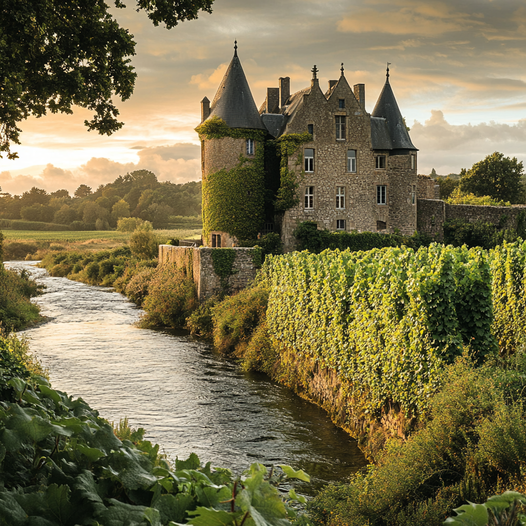 Château historique au bord d'une rivière, entouré de verdure et de vignobles, avec un ciel légèrement nuageux lors d'une soirée.