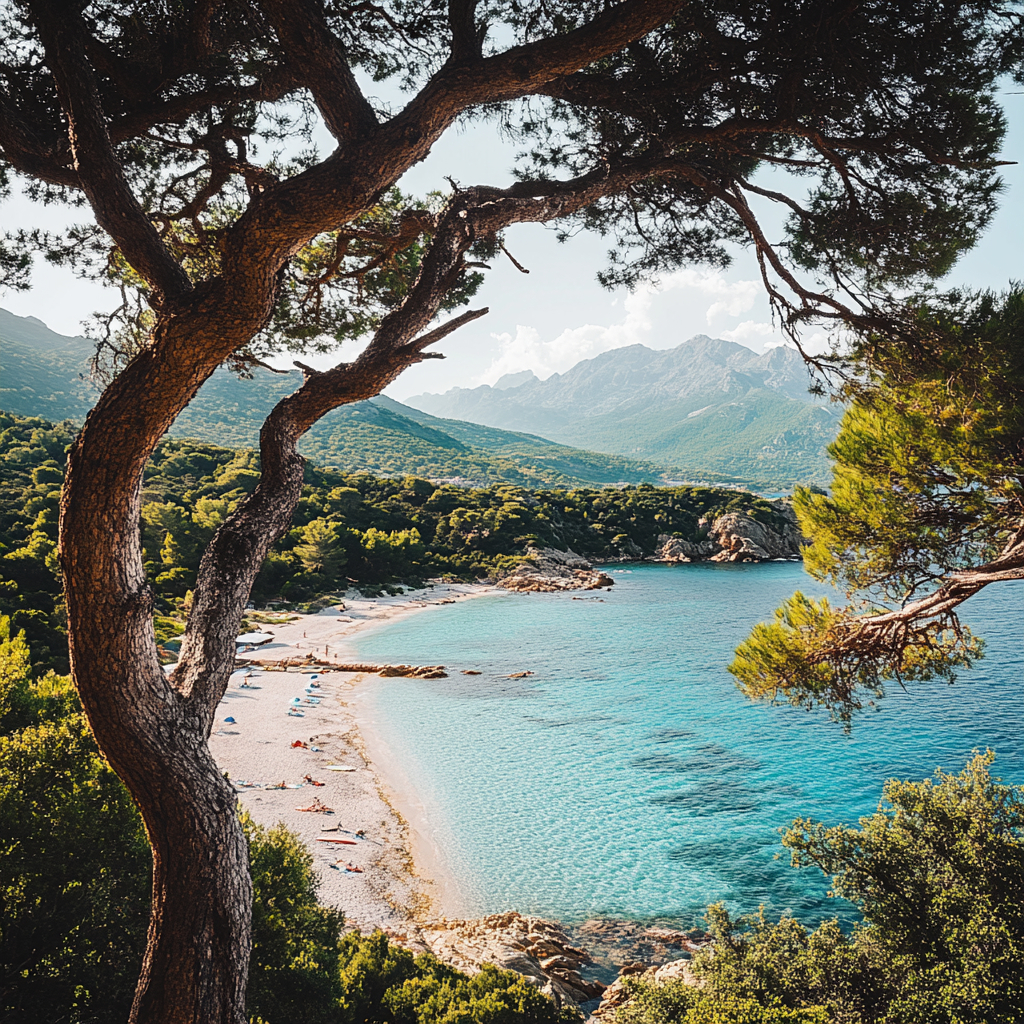 Plage corse entourée de forêts de pins et de montagnes, avec une mer turquoise et un ciel bleu clair.