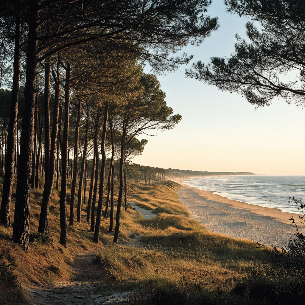 Forêt de pins longeant une plage de sable doré en Nouvelle-Aquitaine, éclairée par une lumière douce au crépuscule.