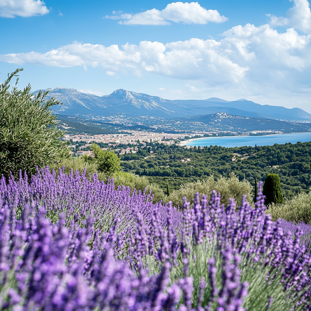 Village perché sur un sommet rocheux, offrant une vue panoramique sur les collines environnantes et les montagnes au loin sous un ciel bleu parsemé de nuages.