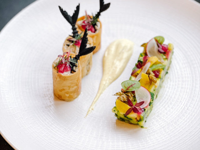 Plat raffiné avec rouleaux de légumes et sauce artistique sur assiette blanche