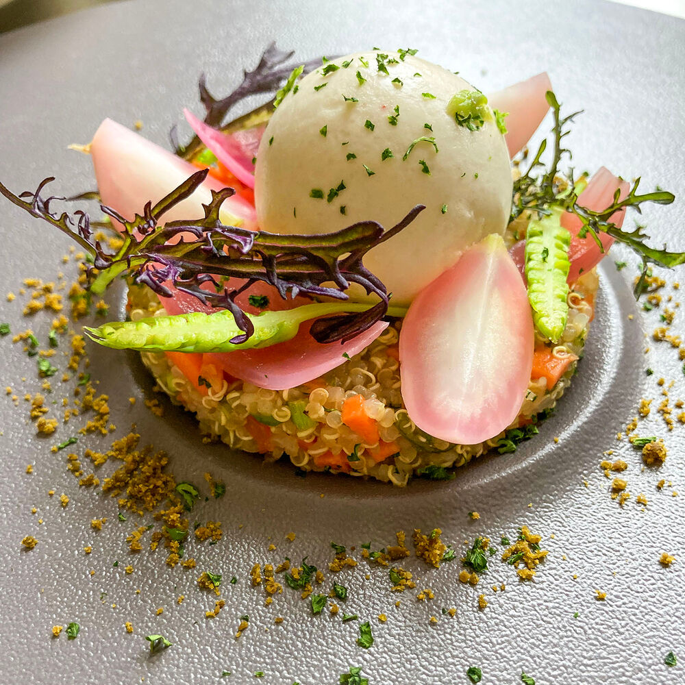 Plat végétarien coloré avec une boule de glace