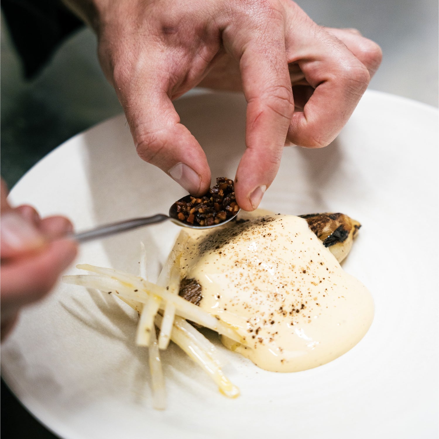 Dressage d’un plat gastronomique dans une assiette blanche, un chef ajoutant une garniture croquante sur une préparation nappée de sauce crémeuse.