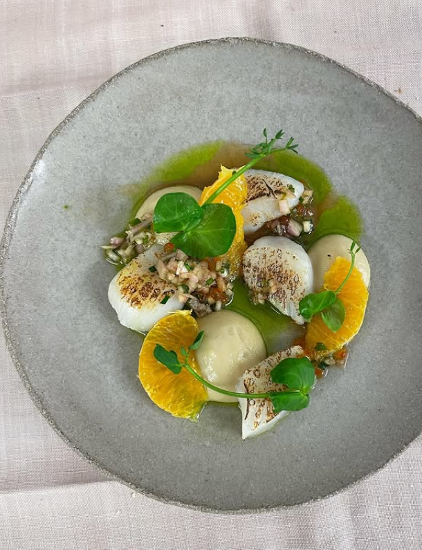 assiette élégante, printanière, coquille saint jacques et crémeux agrumes