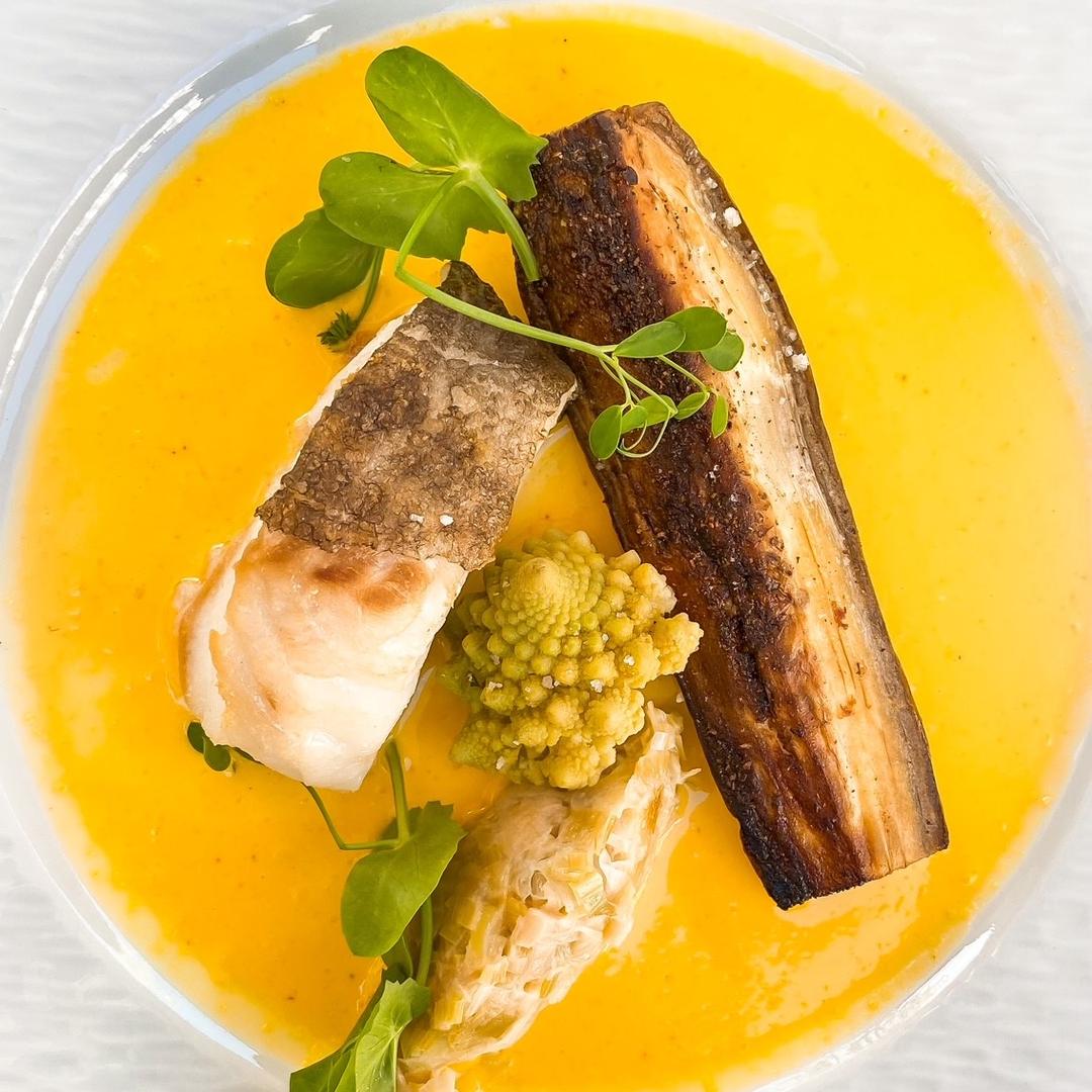 activePlat avec un poisson, un légume romanesco et une sauce jaune.