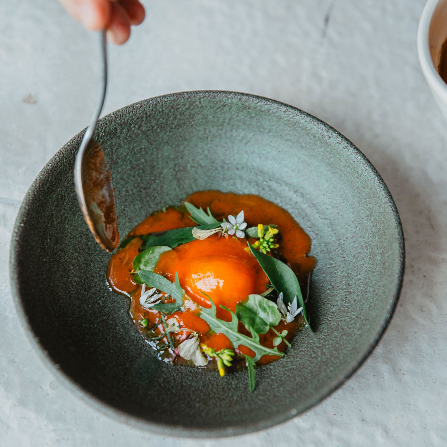 Plat gastronomique coloré avec purée rouge-orange, herbes fraîches et fleurs comestibles, présenté dans une assiette en céramique verte.