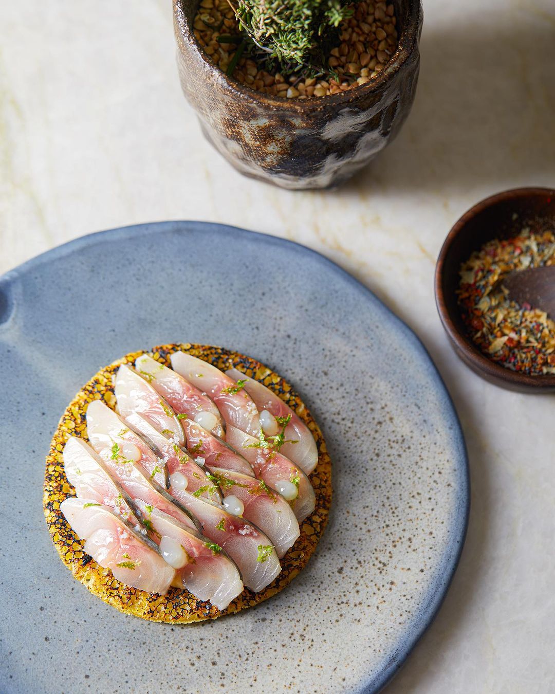 Plat élégant de poisson cru tranché finement sur une galette croustillante, accompagné de condiments dans un bol en céramique rustique.