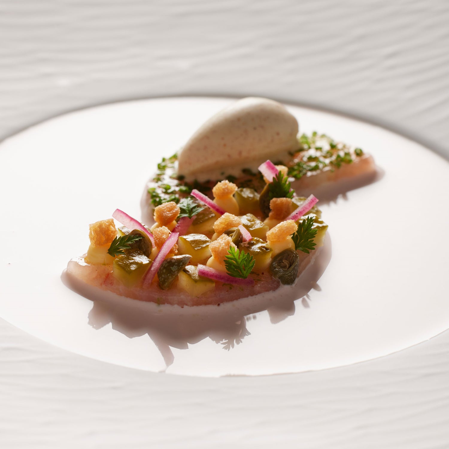 Plat raffiné avec une préparation artistique composée de morceaux de poisson garnis de condiments et d'une quenelle de glace, présenté sur une assiette blanche élégante.