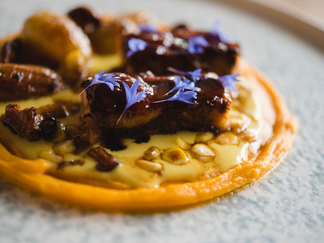 Gourmet dish with sauce and edible flowers on a plate.