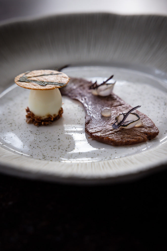 Un plat gastronomique finement élaboré avec une présentation artistique. Il comprend une crème ou mousse blanche surmontée d'une fine tranche croustillante décorée, et des tranches de viande délicatement disposées sur une assiette élégante.