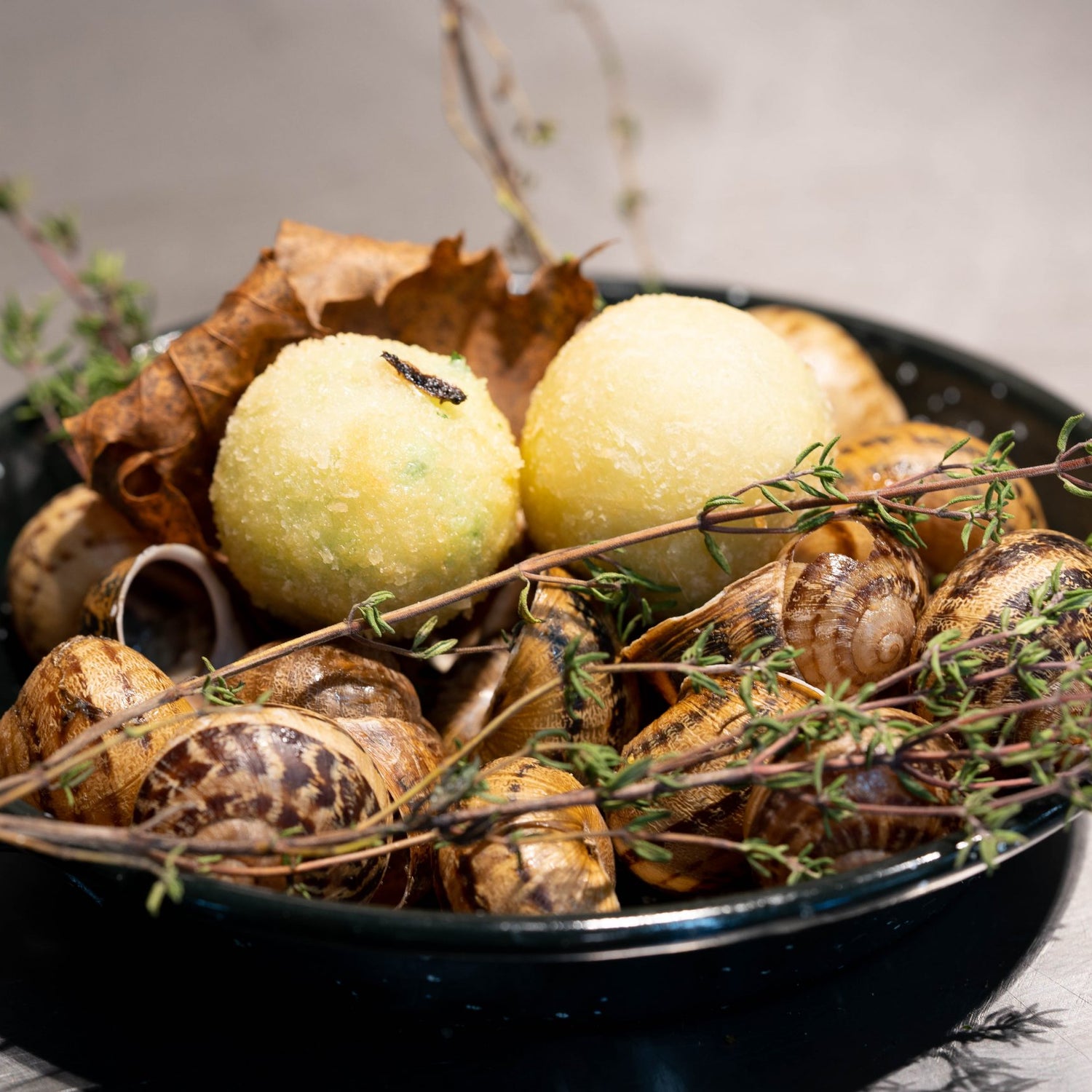 Escargots servis dans une casserole noire avec des herbes fraîches et des boulettes croustillantes.