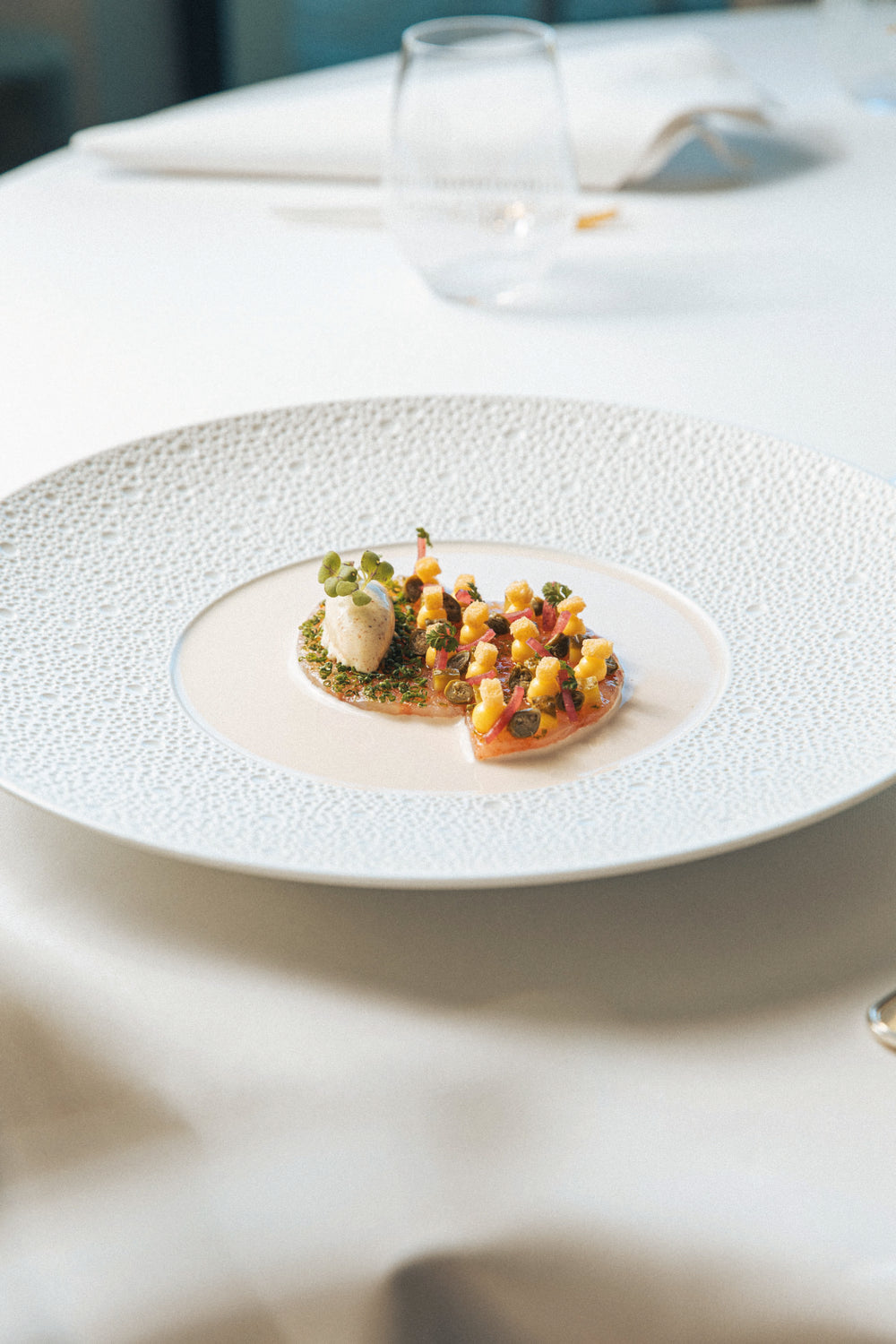 Entrée fraîche et colorée dressée avec soin, mariant légumes croquants et textures légères sur une assiette en céramique.
