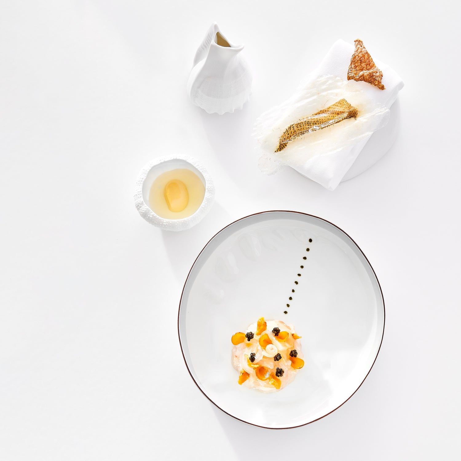 Plat gastronomique épuré avec une présentation minimaliste, composé de poisson délicatement dressé, accompagné de petits condiments et d'une sauce légère, sur une assiette blanche avec un motif subtil.