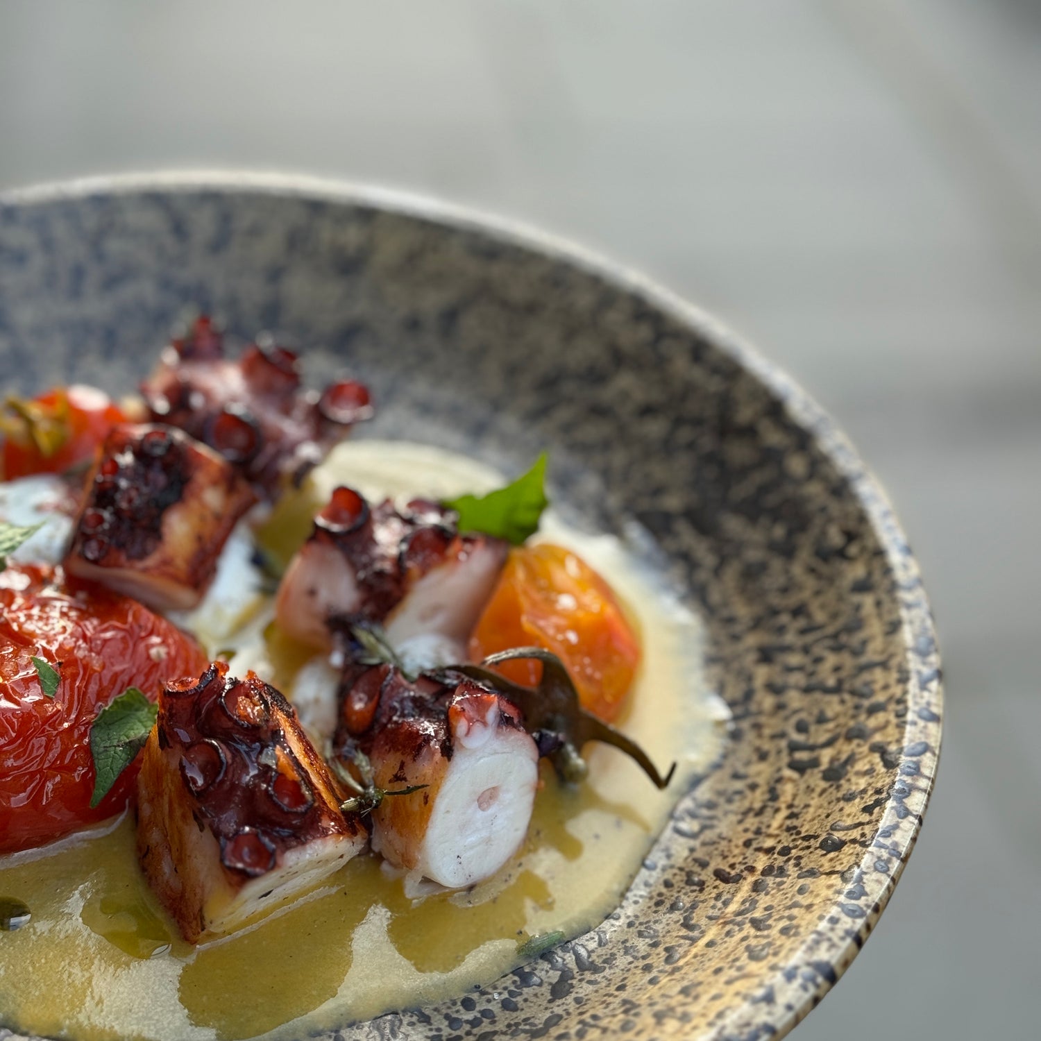 Assiette gastronomique de poulpe grillé accompagné de tomates rôties et d’une sauce crémeuse, présentée dans une assiette en céramique texturée.