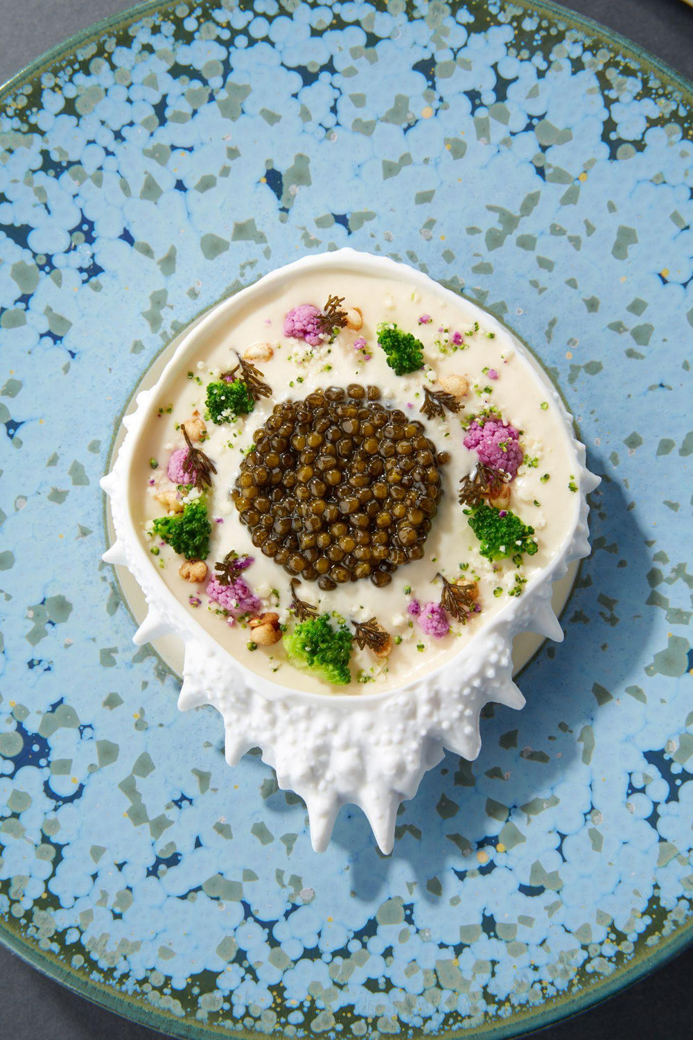 Plat de caviar décoré de fleurs colorées et de petites herbes, sur une assiette bleue décorée