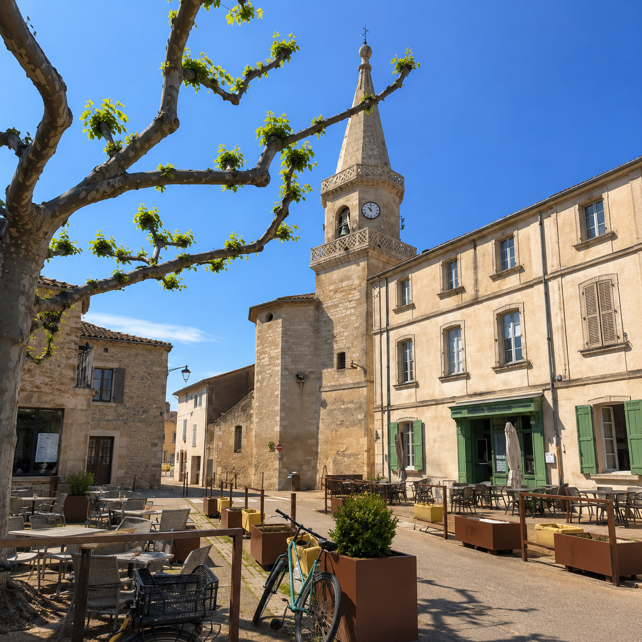 Clocher et terrasses du village de Maillane, visuel de la page Maillane
