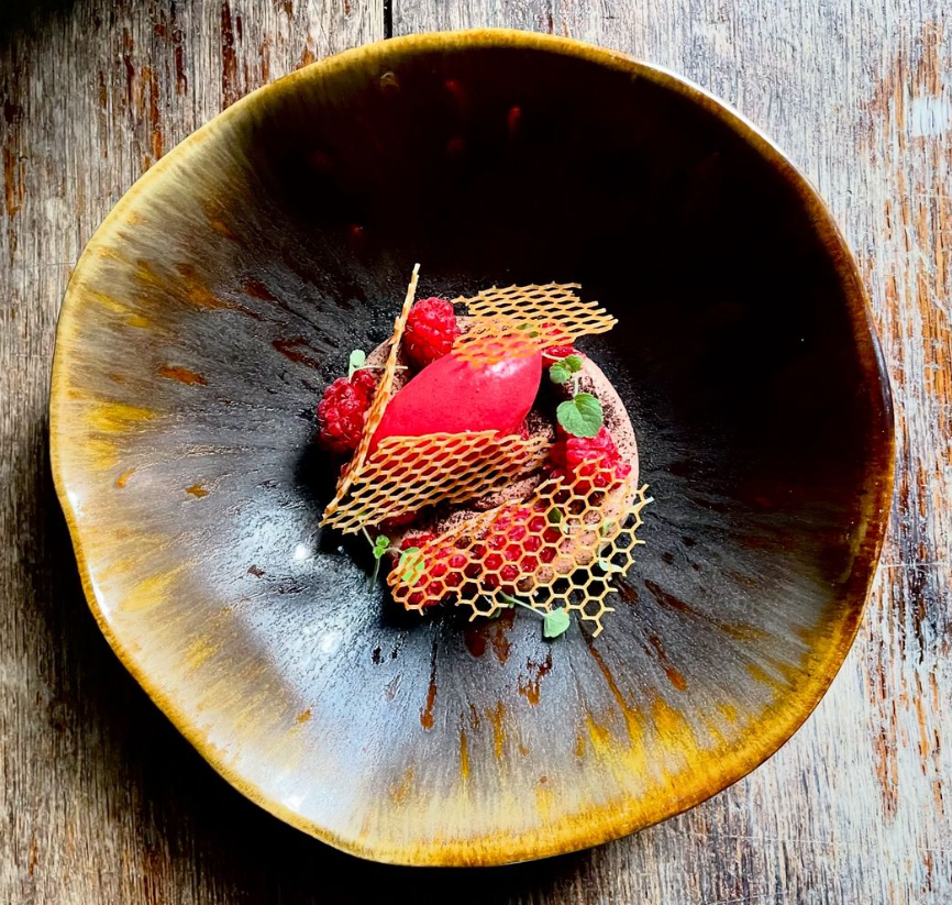 Dessert élégant composé de glace aux fruits rouges, garniture de framboises fraîches et de fines structures en dentelle de sucre, présenté dans une assiette profonde de céramique brune.