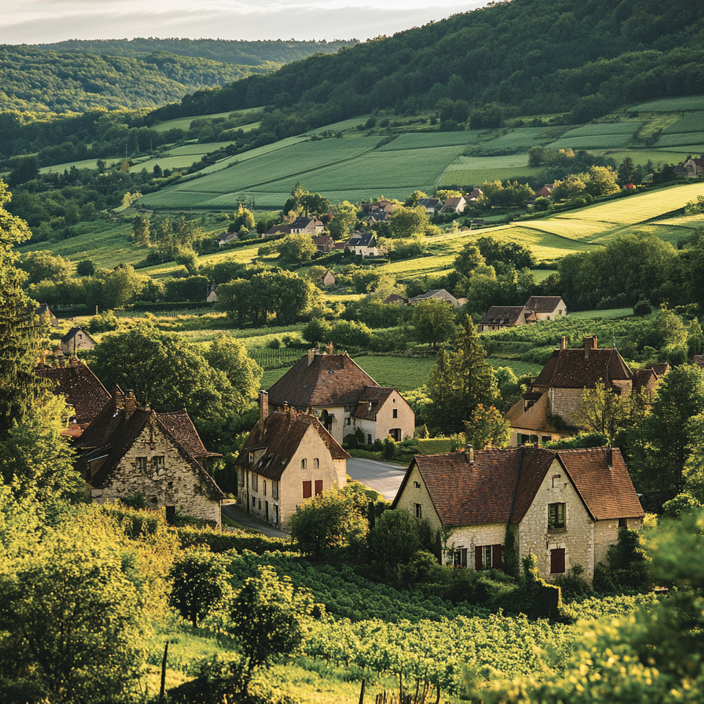 Vue sur un village pittoresque avec des maisons traditionnelles au milieu de collines verdoyantes et de champs, sous un ciel clair et ensoleillé.
