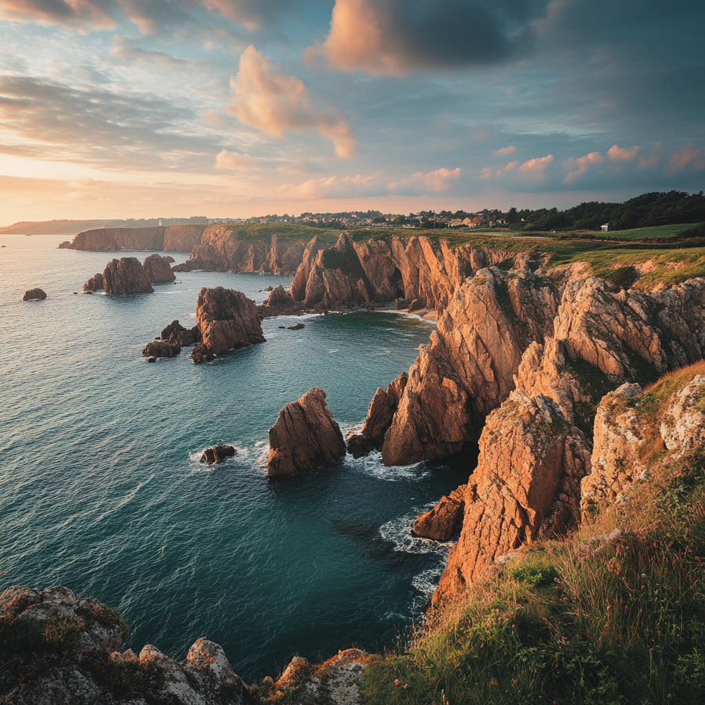 Côte escarpée de Bretagne avec des falaises rocheuses plongeant dans l'océan, éclairée par les rayons dorés d'un coucher de soleil.
