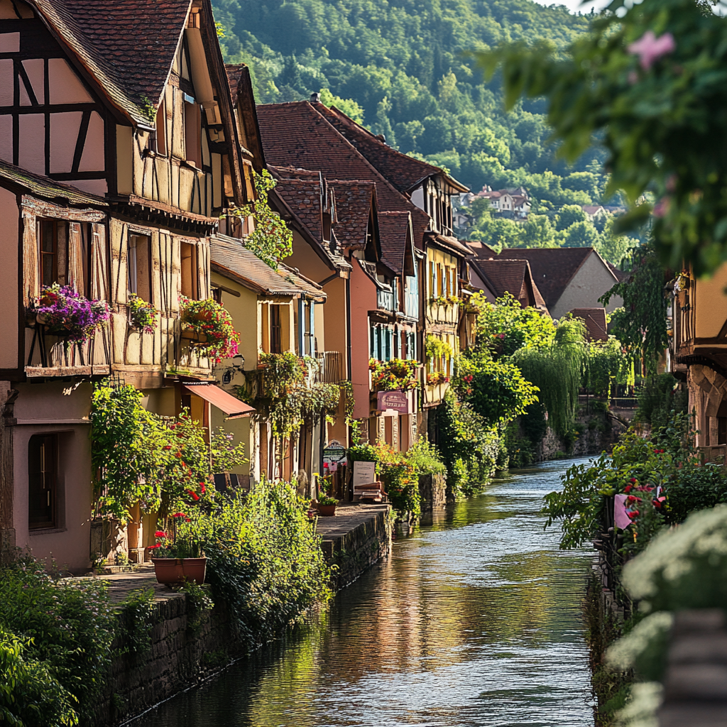 Rue d'un village pittoresque du Grand Est, bordée de maisons à colombages avec des fleurs colorées, le long d'un canal sous un ciel ensoleillé.
