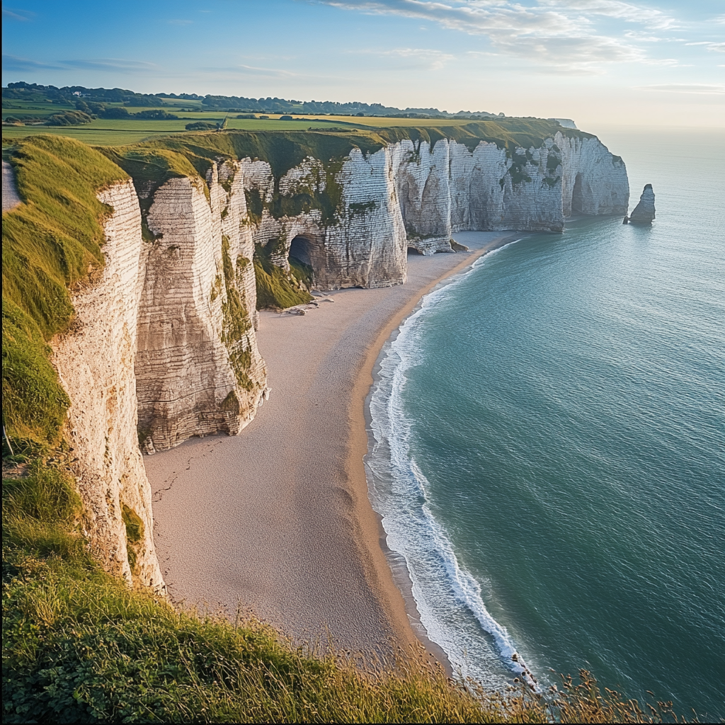 Falaises blanches spectaculaires s'élevant au-dessus d'une plage de sable fin et de la mer, éclairées par la lumière du matin.
