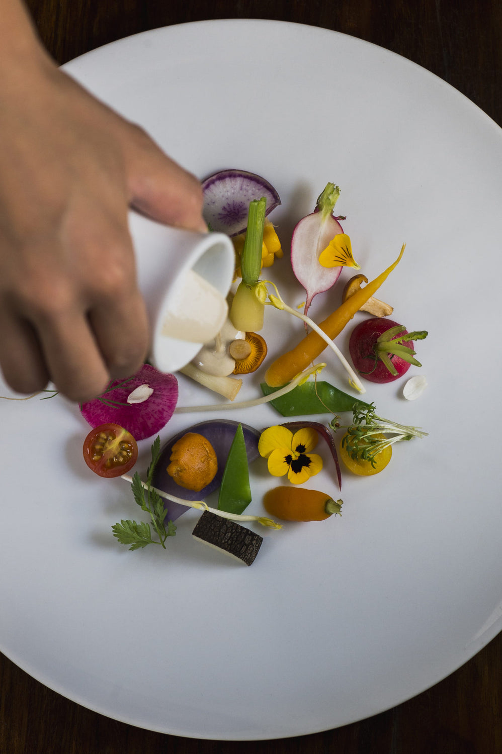 Assiette de petits légumes d'été, le chef dresse une sauce sur le plat