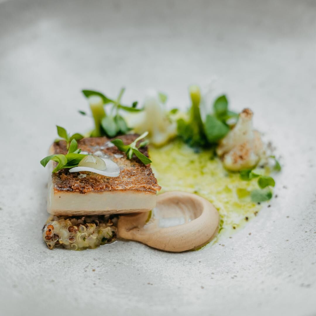 Plat gastronomique avec poisson et légumes verts.