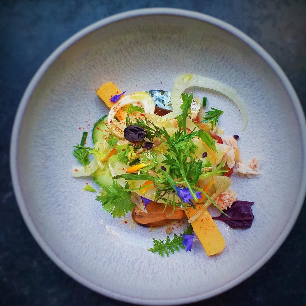 Plat coloré et frais, composé de légumes et d'herbes, présenté dans une assiette en céramique blanche.