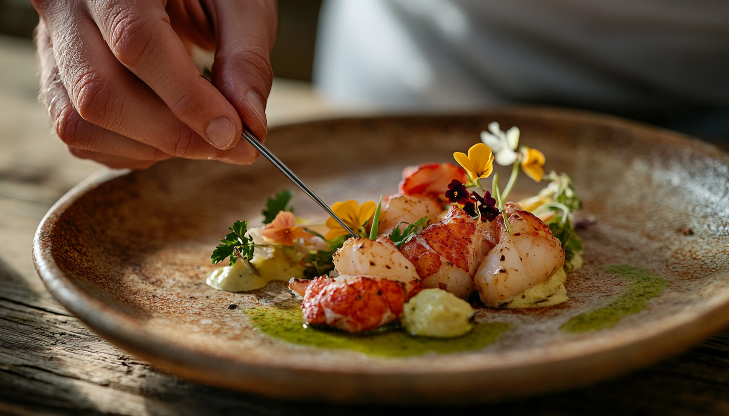 Un chef utilise une pince pour garnir délicatement un plat de fruits de mer avec des fleurs comestibles et des herbes sur une assiette en céramique, créant une présentation gastronomique raffinée.