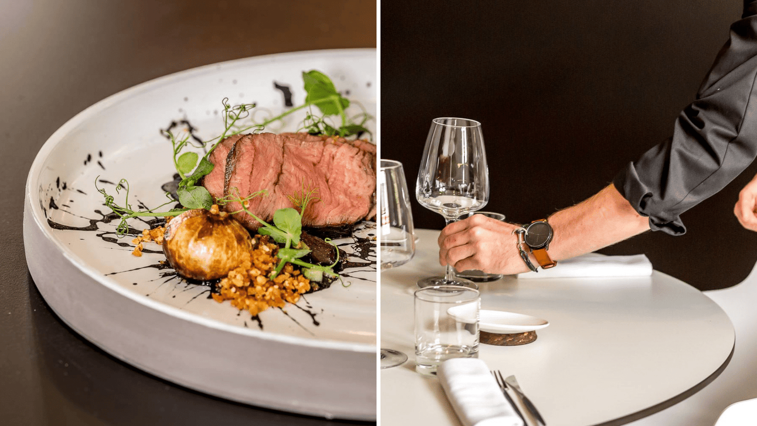 Plat gastronomique et table dressée dans un restaurant.