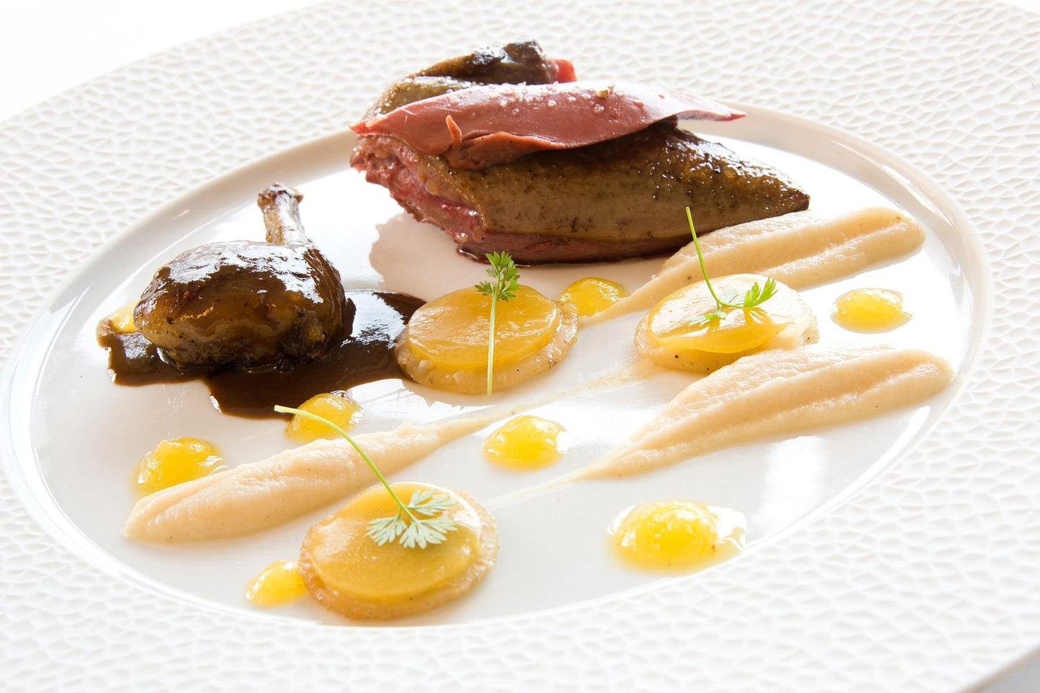 Assiette gastronomique avec viande, purée et sauce.